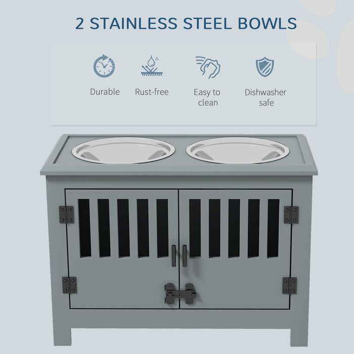 Raised Dog Bowls for Large Dogs, Pet Feeding Station, Doors with Latch, Storage Cabinet, Two Stainless Steel Bowls, Grey