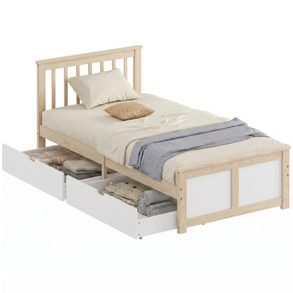 Storage Bed with 2 Drawers, Headboard, Wood Slat Support, Natural