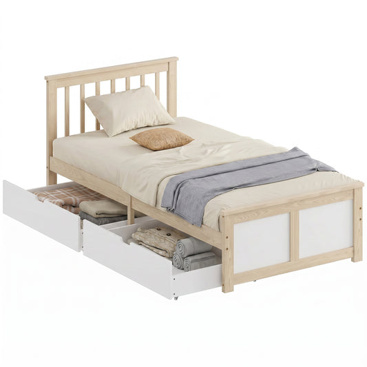 Storage Bed with 2 Drawers, Headboard, Wood Slat Support, Natural
