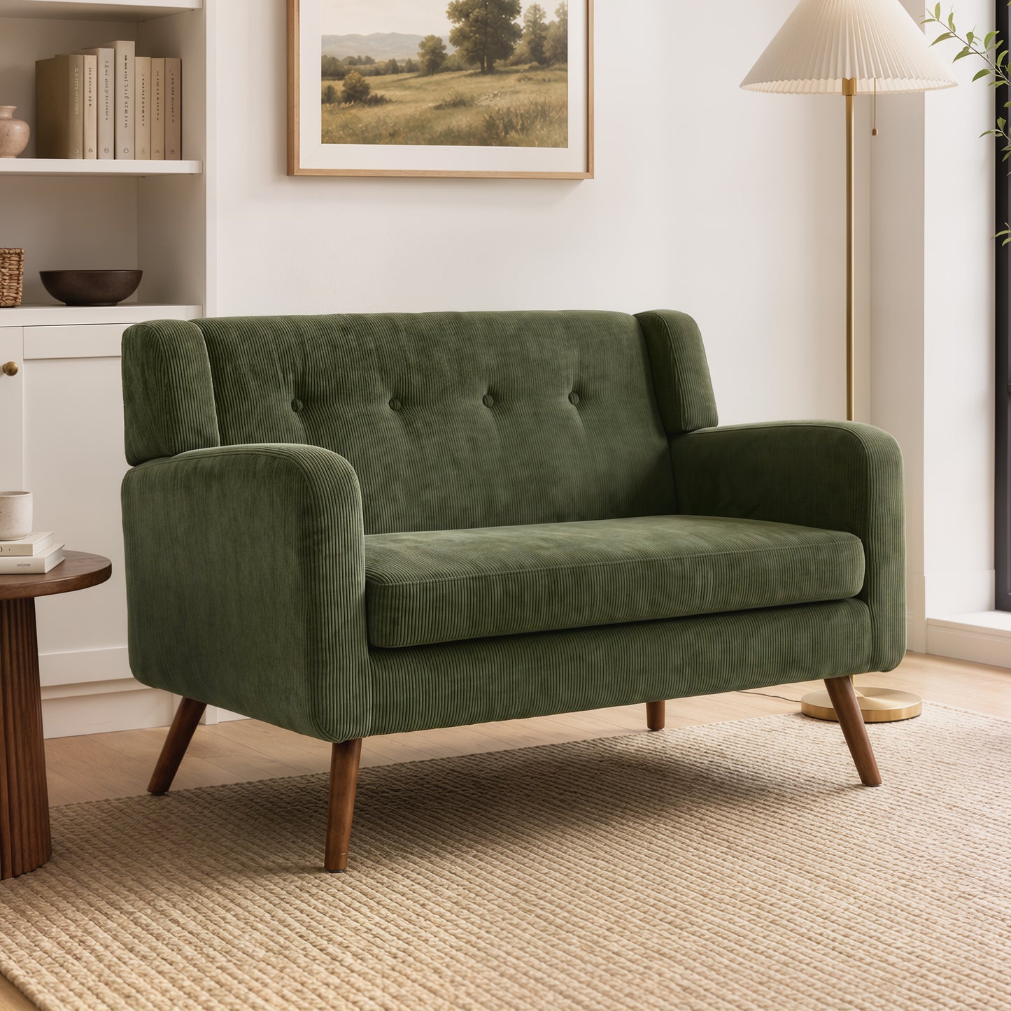 2 Seater Sofa, 118 cm Corduroy Small Loveseat Sofa, Dark Green