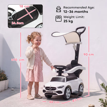 3 in 1 Licensed Mercedes-Benz Ride on Push Car with Canopy, White
