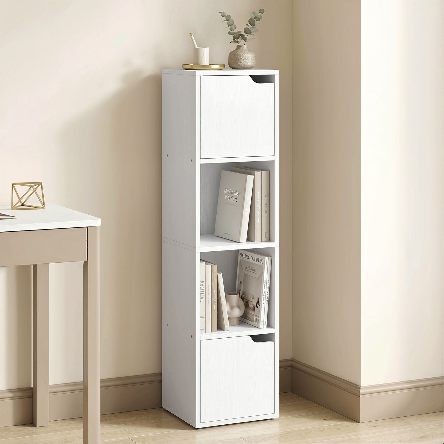 Bookcase with 2 Cabinets and Doors, 4-Tier Bookshelf, Storage Cabinet with Open Shelves and Anti-Tipping Design, for Living Room, Bedroom, Home Office, White