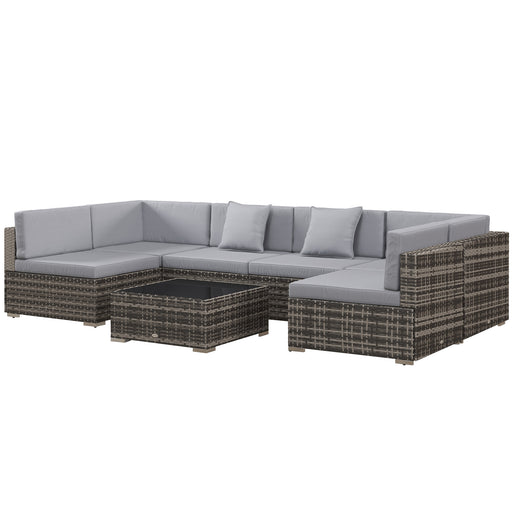 7 Pcs PE Rattan Garden Furniture Set w/ Thick Padded Cushion, Patio Corner Sofa Sets w/ Glass Coffee Table & Pillows, Mixed Grey