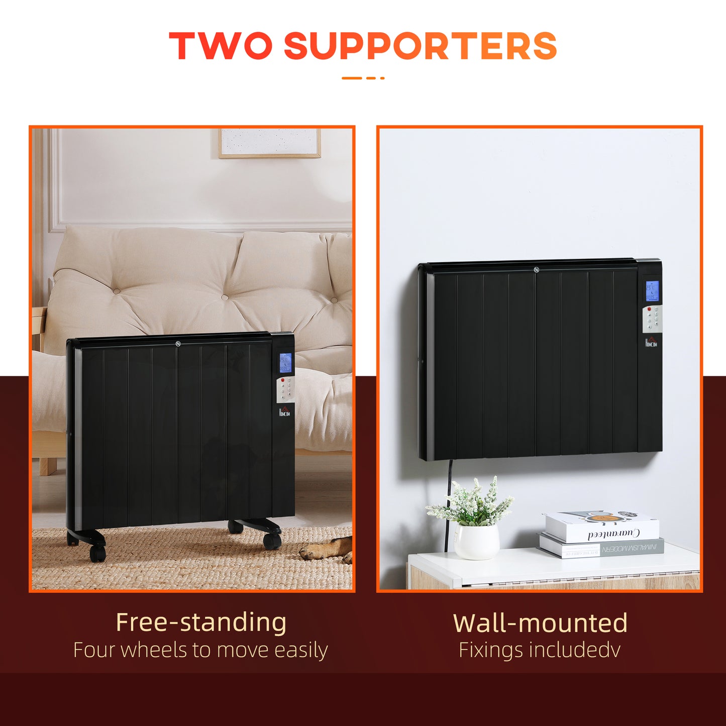 Convector Radiator Heater, Quiet Panel Heater, Freestanding or Wall-mounted Portable Electric Heater with Window Opening Detection Black