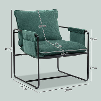 Upholstered Reading Chair with Side Pockets and Steel Frame, Green