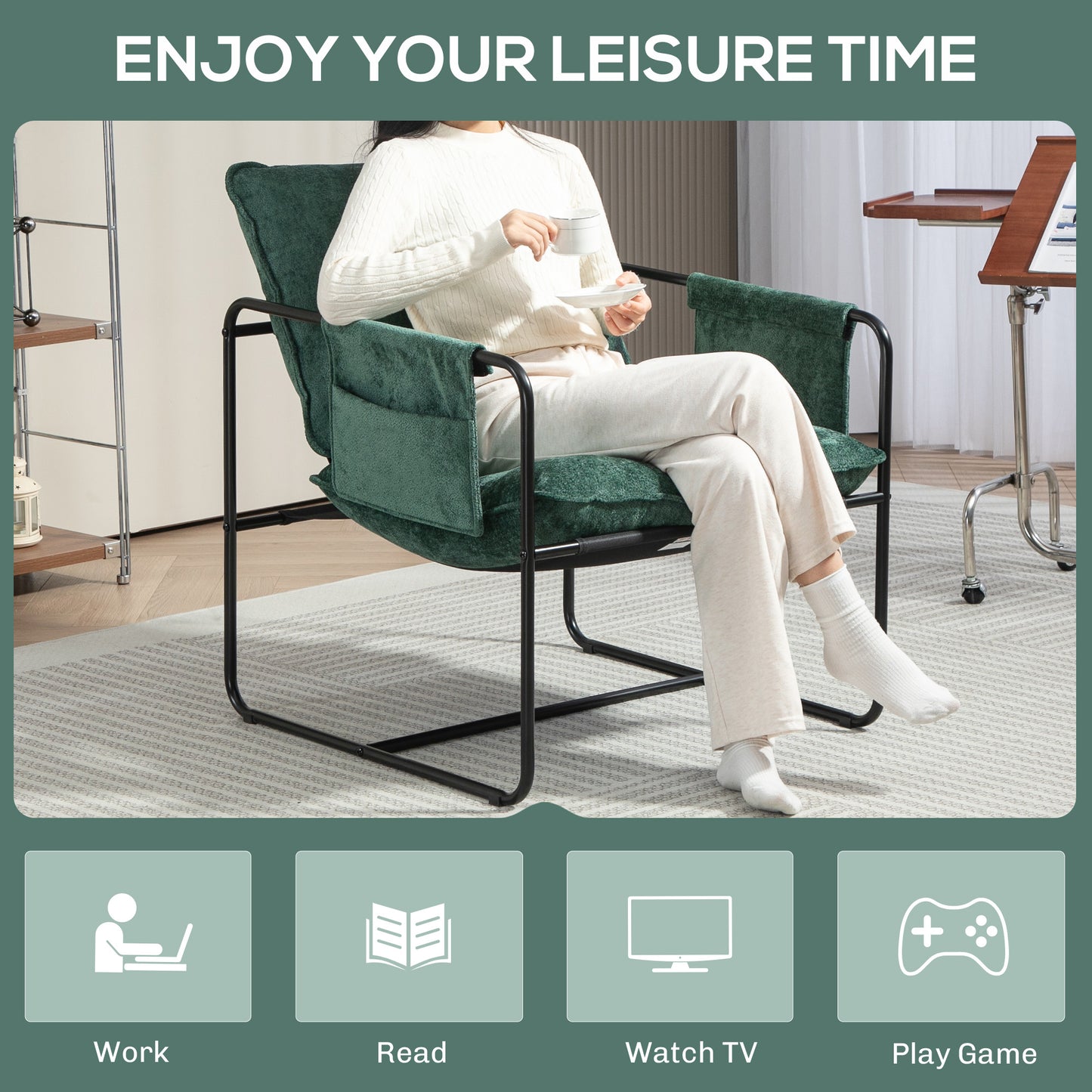 Upholstered Reading Chair with Side Pockets and Steel Frame, Green