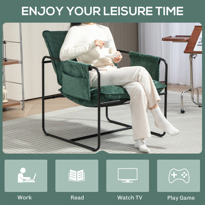 Upholstered Reading Chair with Side Pockets and Steel Frame, Green