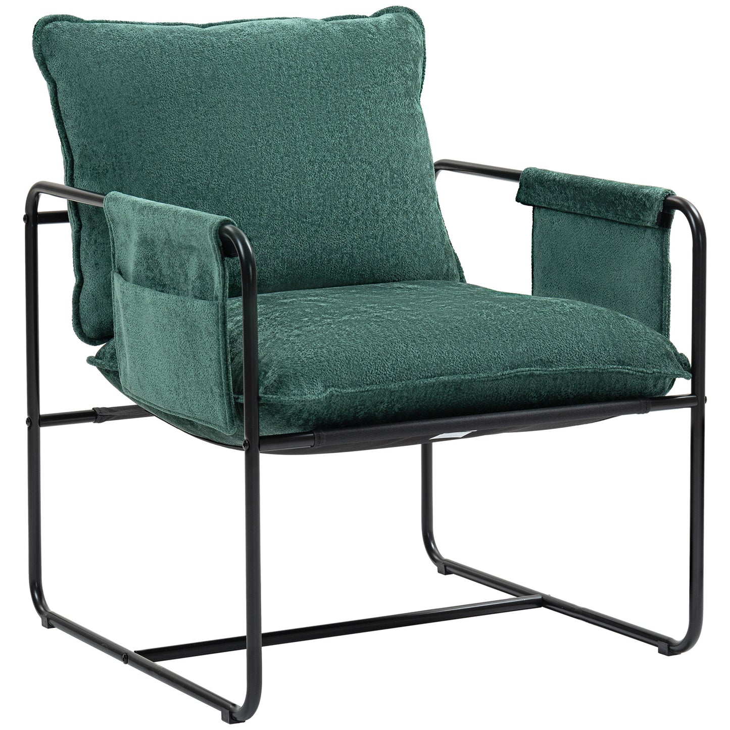 Upholstered Reading Chair with Side Pockets and Steel Frame, Green