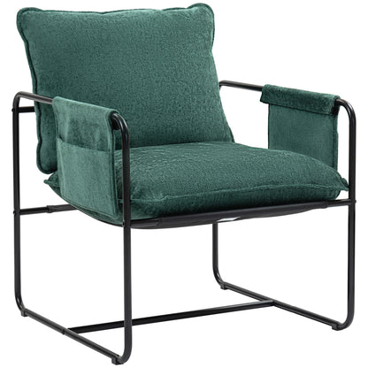 Upholstered Reading Chair with Side Pockets and Steel Frame, Green