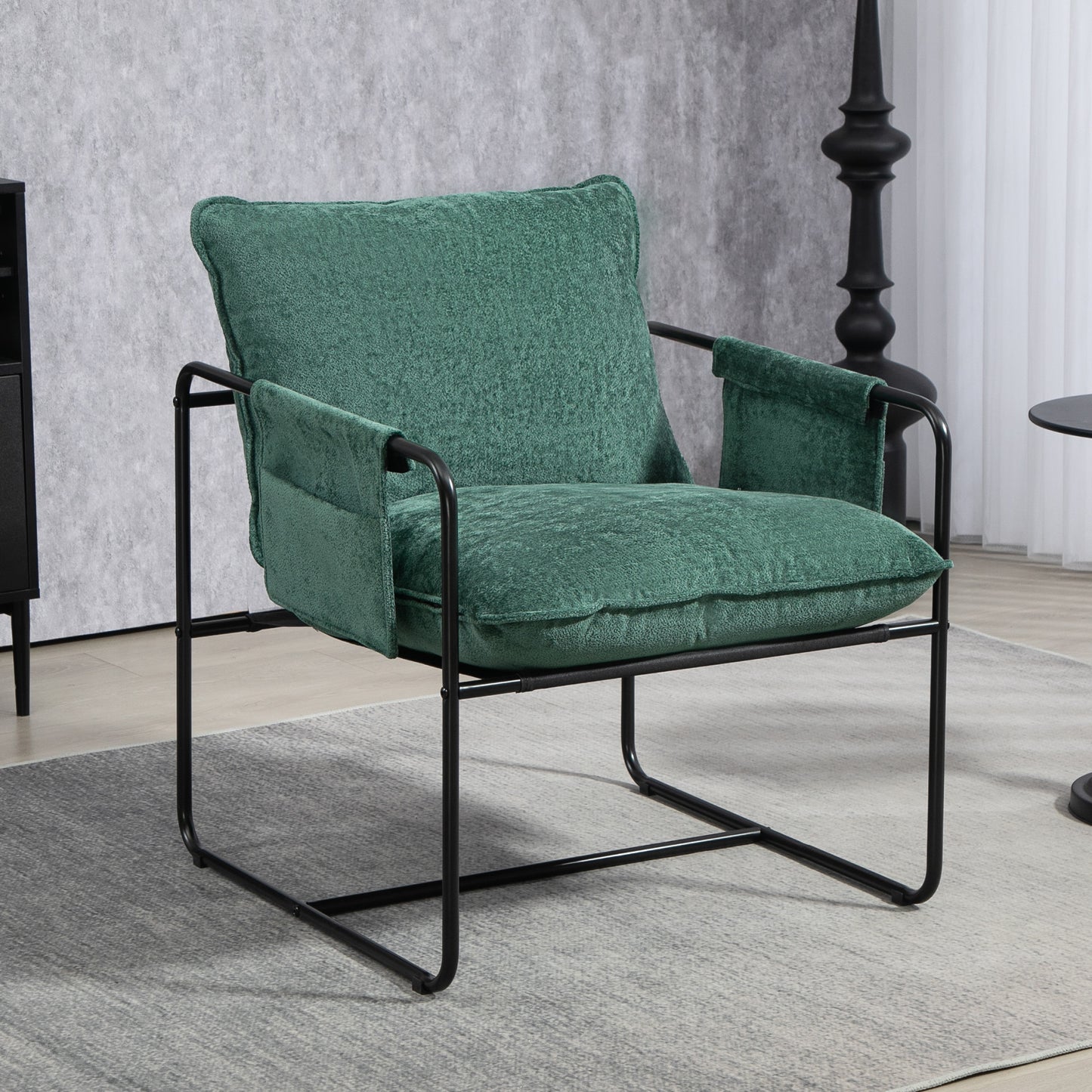 Upholstered Reading Chair with Side Pockets and Steel Frame, Green