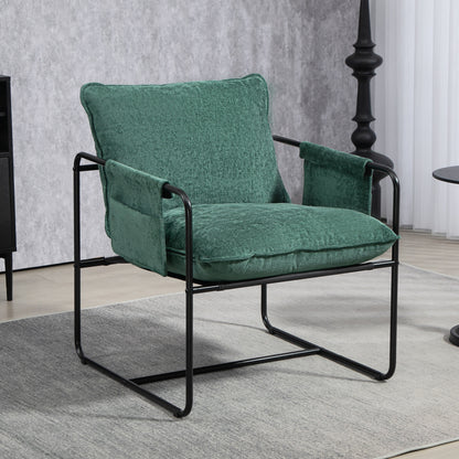 Upholstered Reading Chair with Side Pockets and Steel Frame, Green
