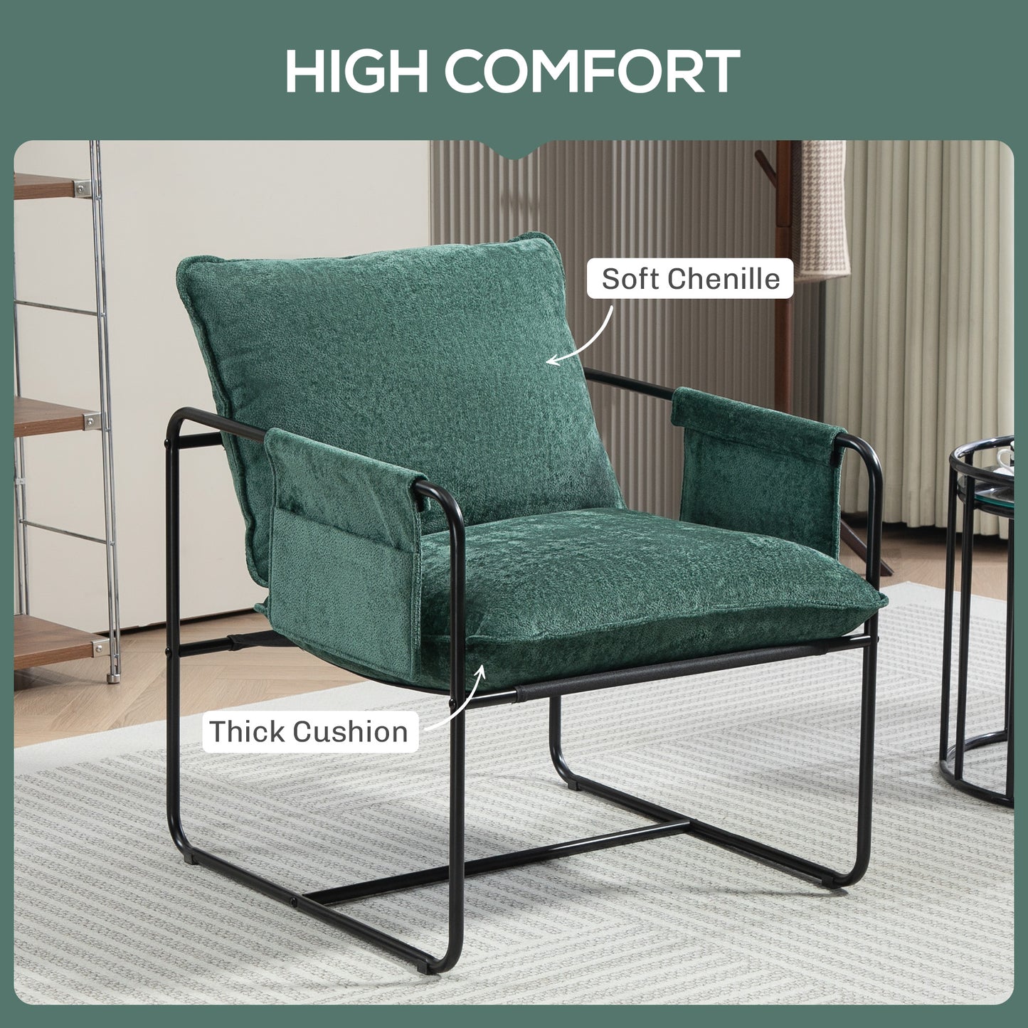 Upholstered Reading Chair with Side Pockets and Steel Frame, Green