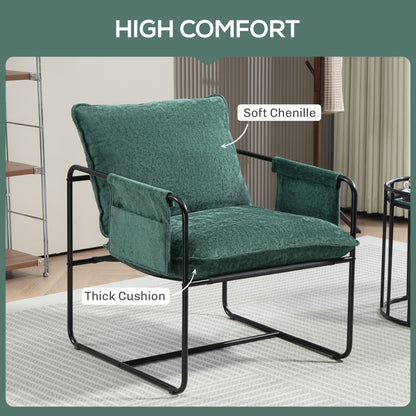 Upholstered Reading Chair with Side Pockets and Steel Frame, Green
