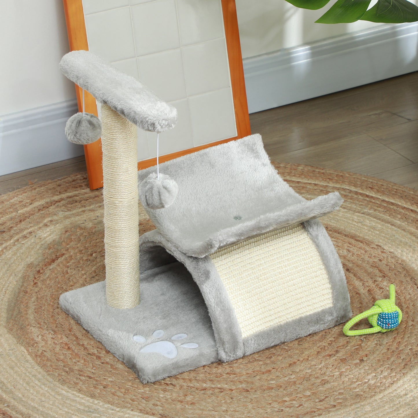 Cat Tree Tower, Rotatable Top Bar, Sisal Post, Tunnel, Balls, Grey