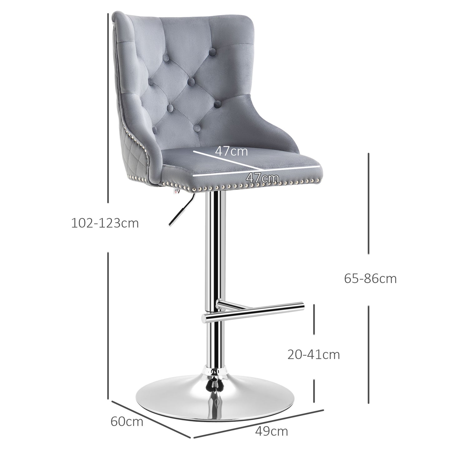 Adjustable Bar Stools Set of 2, Swivel Bar Chairs w/ Back Footrest, Grey