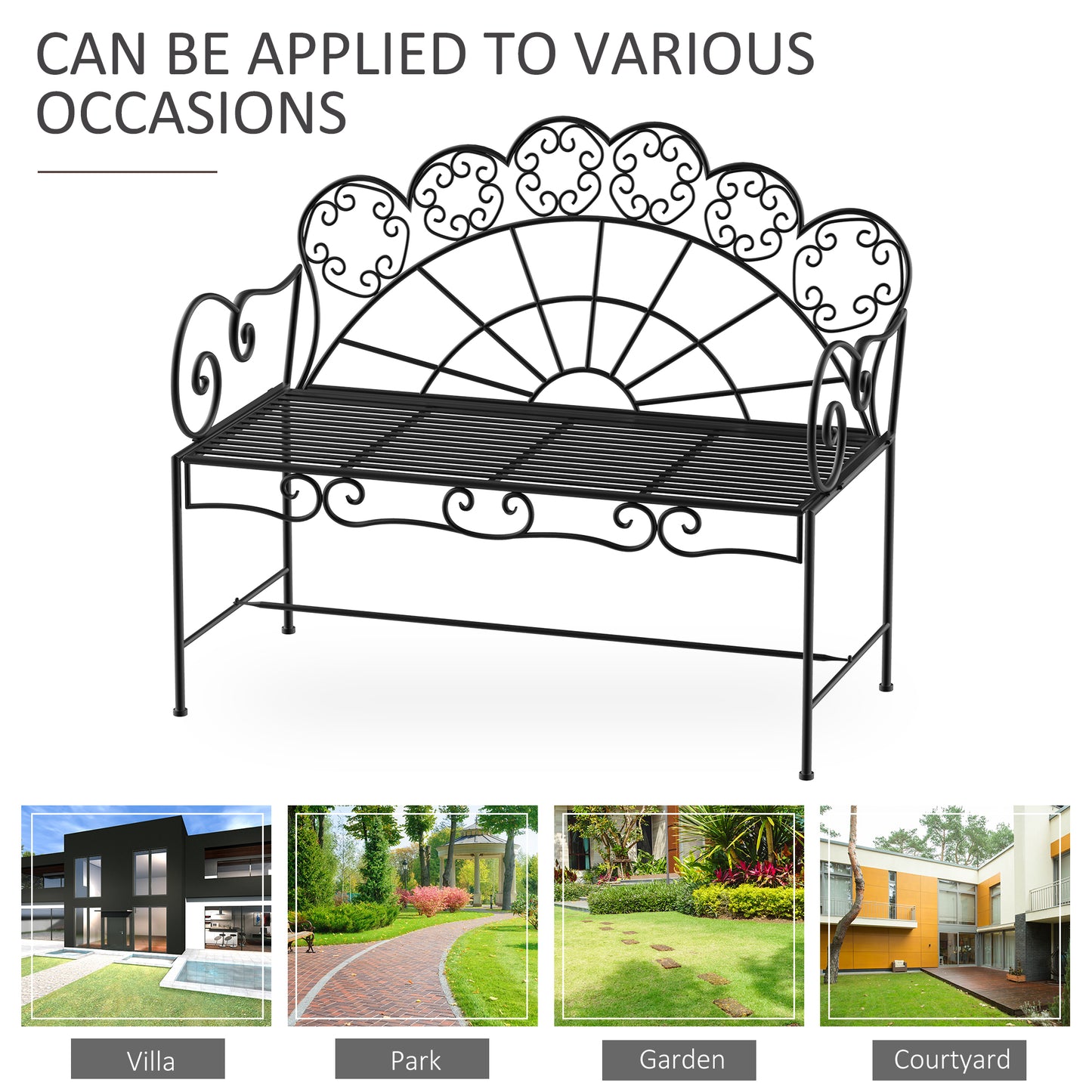 Garden Bench, Metal Outdoor Patio Garden Loveseat, Black