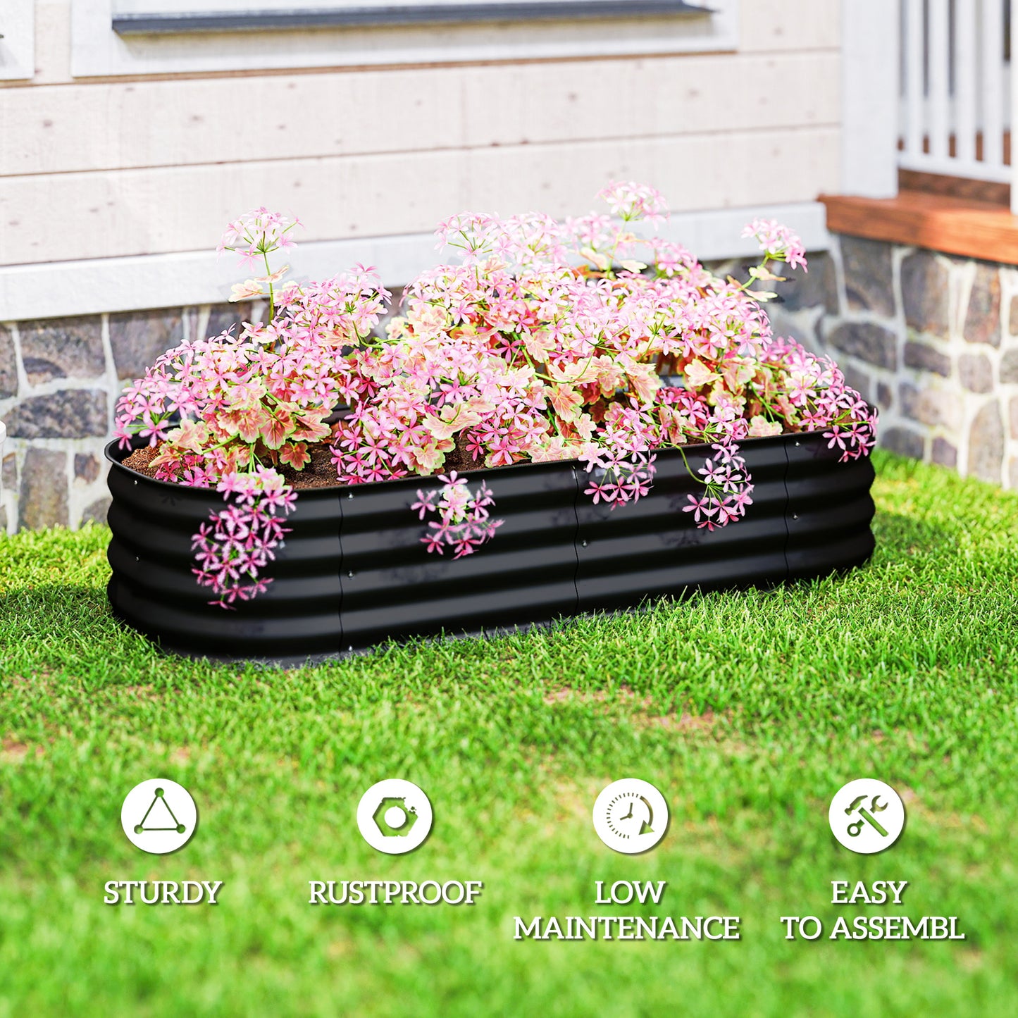 Galvanised Raised Garden Bed Planter Box with Safety Edging, Black
