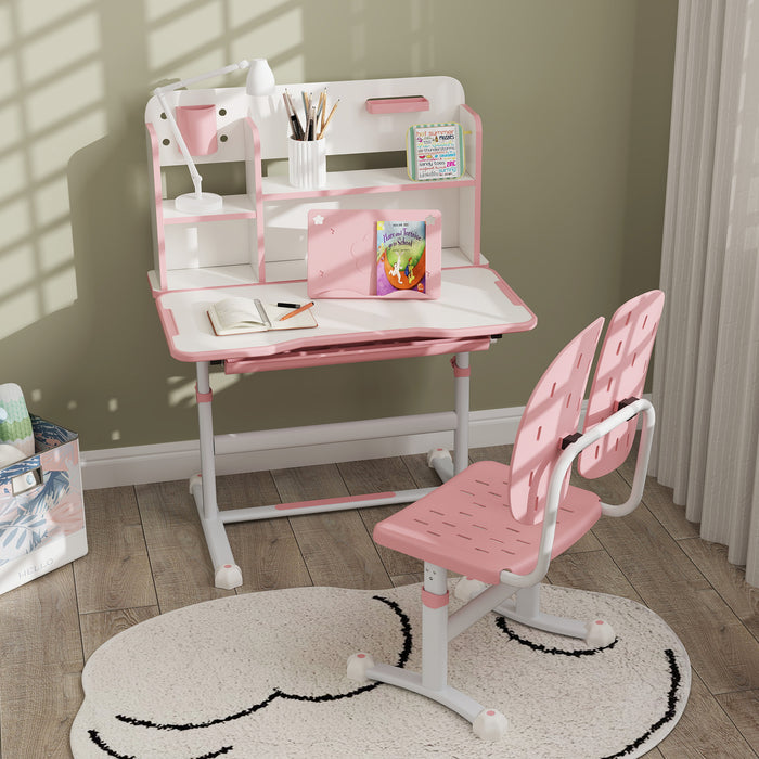 Kids Desk and Chair Set w/ Tiltable Desktop Reading Rack - Pink