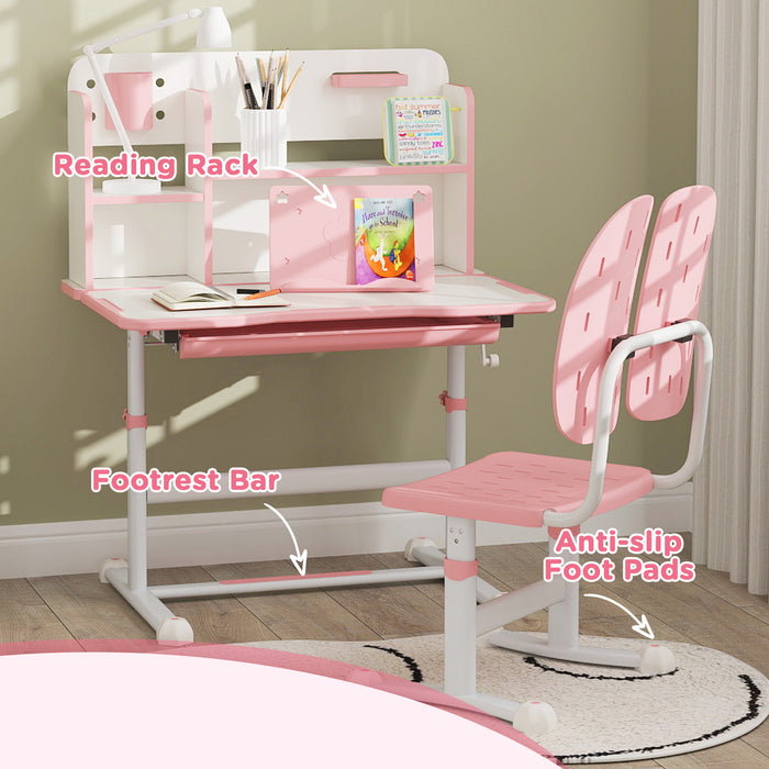 Kids Desk and Chair Set w/ Tiltable Desktop Reading Rack - Pink