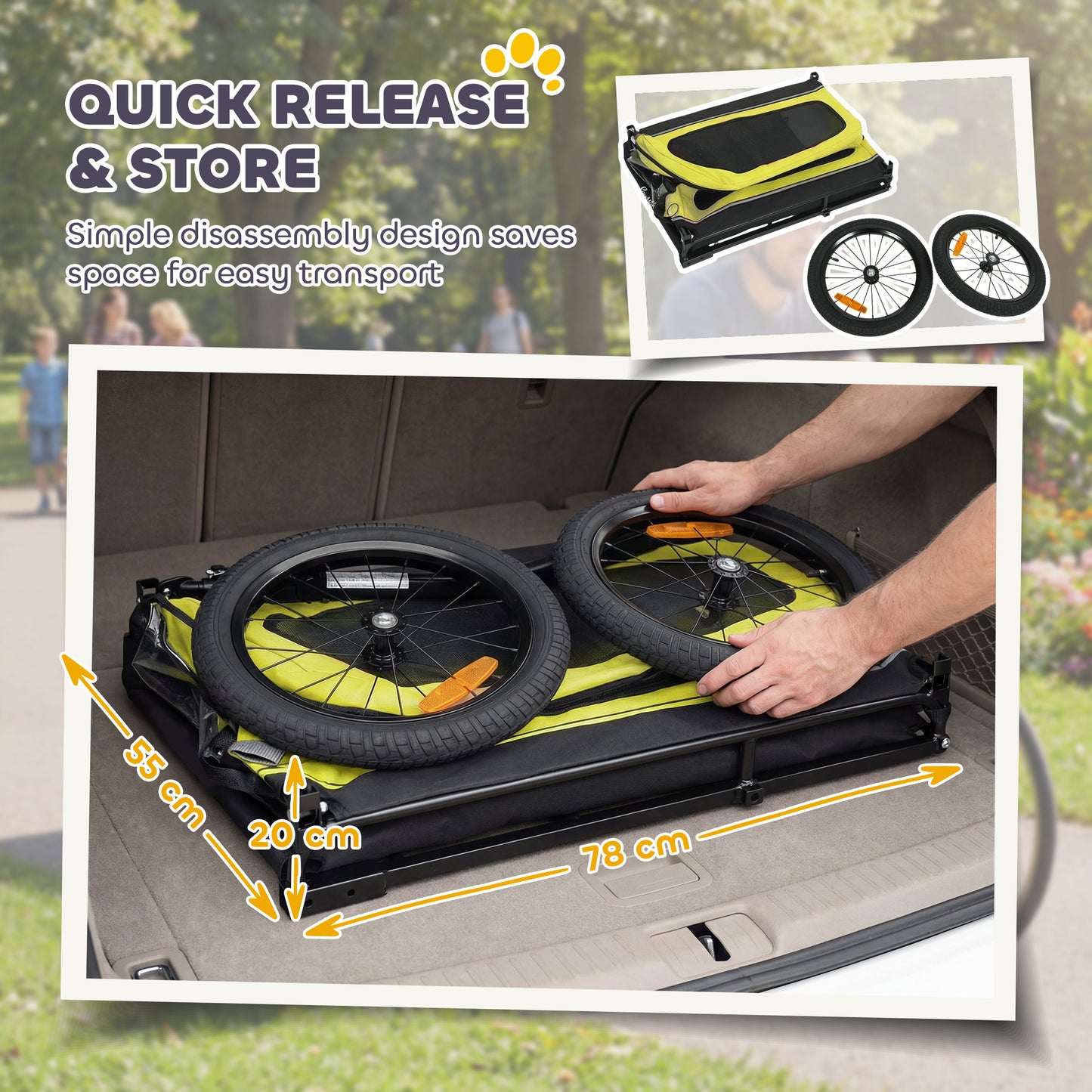 Dog Bike Trailer Support Up to 20 kg, Dog Bicycle Carrier, Easy Store Cart with Quick Release Frame, Flip-Down Ramp Tailgate, Universal Bicycle Coupler, Reflectors, Flag, Yellow