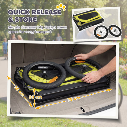 Dog Bike Trailer Support Up to 20 kg, Dog Bicycle Carrier, Easy Store Cart with Quick Release Frame, Flip-Down Ramp Tailgate, Universal Bicycle Coupler, Reflectors, Flag, Yellow