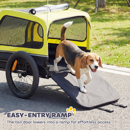 Dog Bike Trailer Support Up to 20 kg, Dog Bicycle Carrier, Easy Store Cart with Quick Release Frame, Flip-Down Ramp Tailgate, Universal Bicycle Coupler, Reflectors, Flag, Yellow