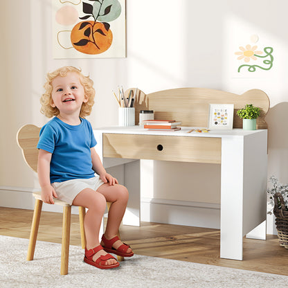 Kids' Desk and Chair Set with Storage Drawer and Bear Backrest - Natural & White