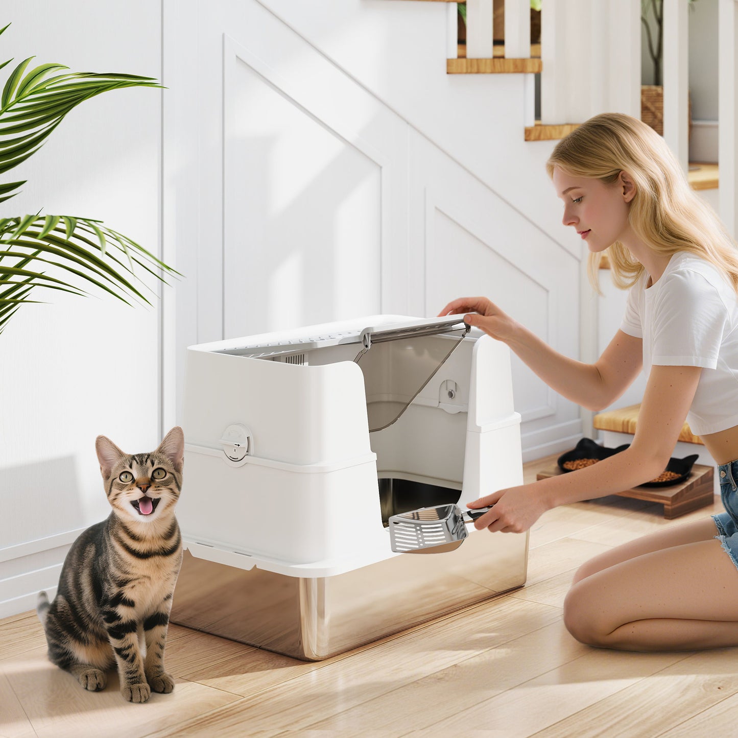 Stainless Steel, XL Cat Litter Tray, Dual Entry, Light Grey