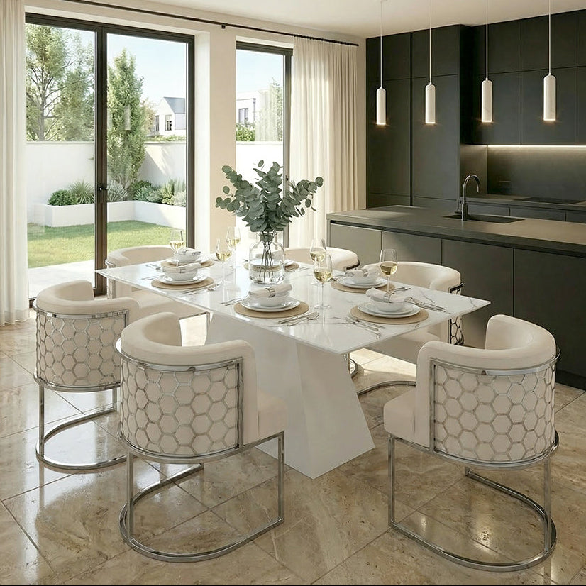 Loretta Table and 6 Alveare Silver Chairs - Chalk