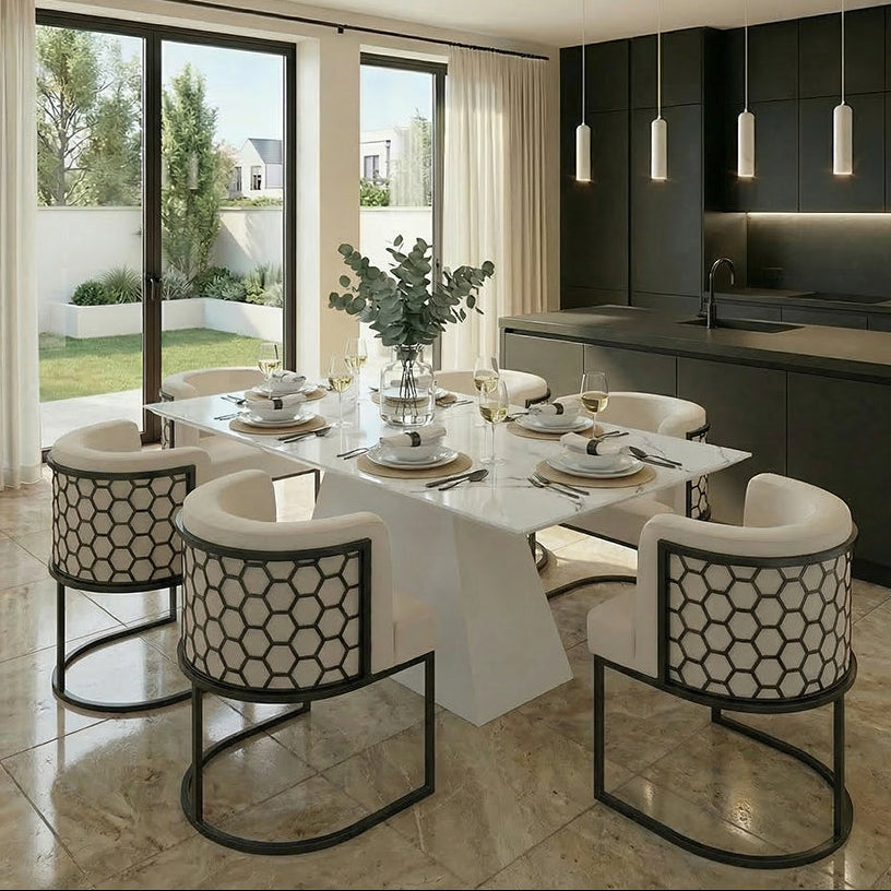 Loretta Table and 6 Alveare Black Chairs - Chalk