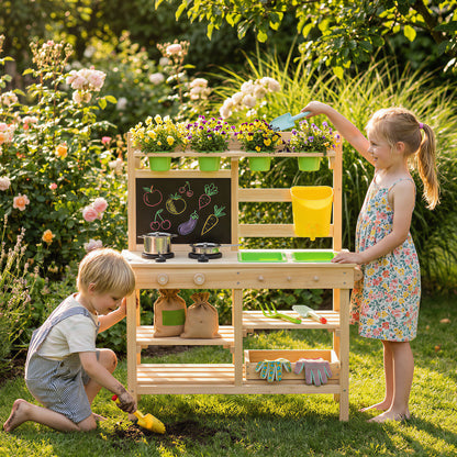 Wooden Kids Mud Kitchen with Kitchenware & Garden Tools