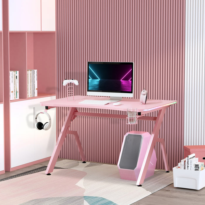 Gaming Desk Racing Style Home Office Ergonomic Computer Table Workstation with RGB LED Lights, Controller Rack & Cable Management, Pink