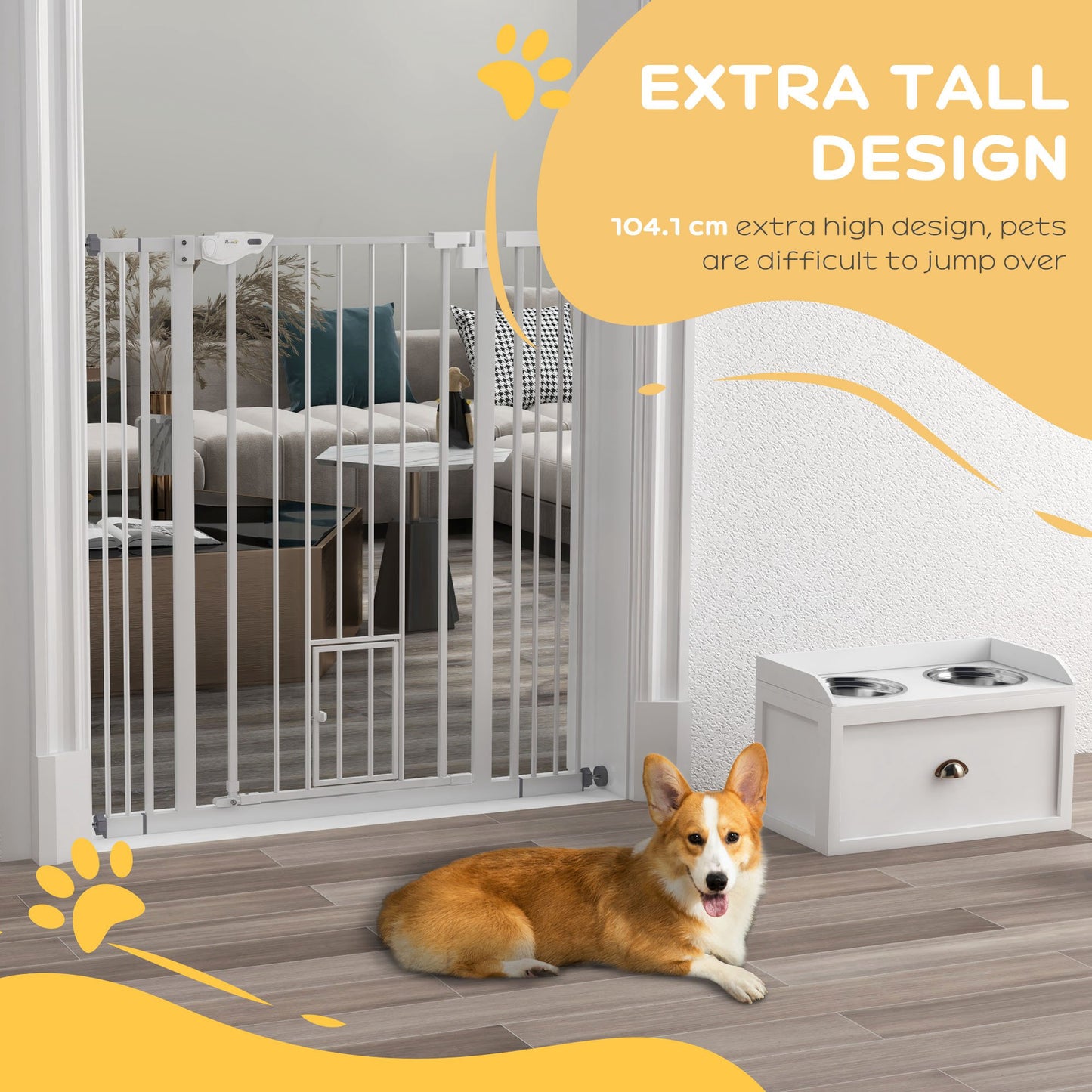 Extra Tall Dog Gate with Cat Door Auto Close for Stairs 74-101 cm Wide