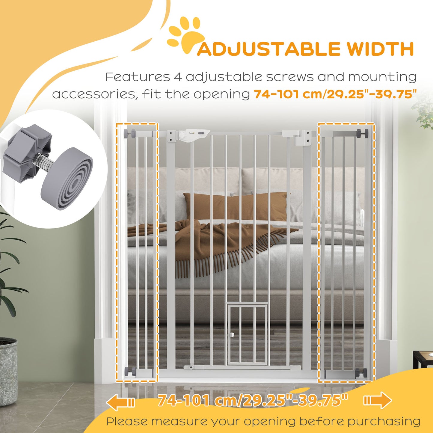 Extra Tall Dog Gate with Cat Door Auto Close for Stairs 74-101 cm Wide