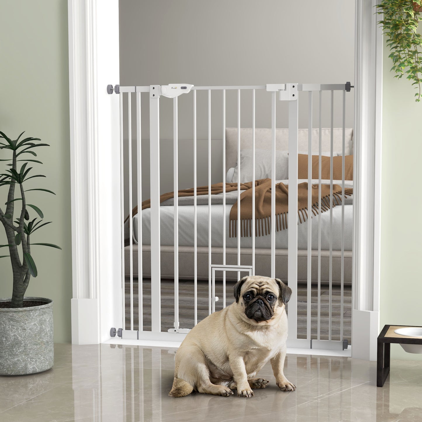 Extra Tall Dog Gate with Cat Door Auto Close for Stairs 74-101 cm Wide