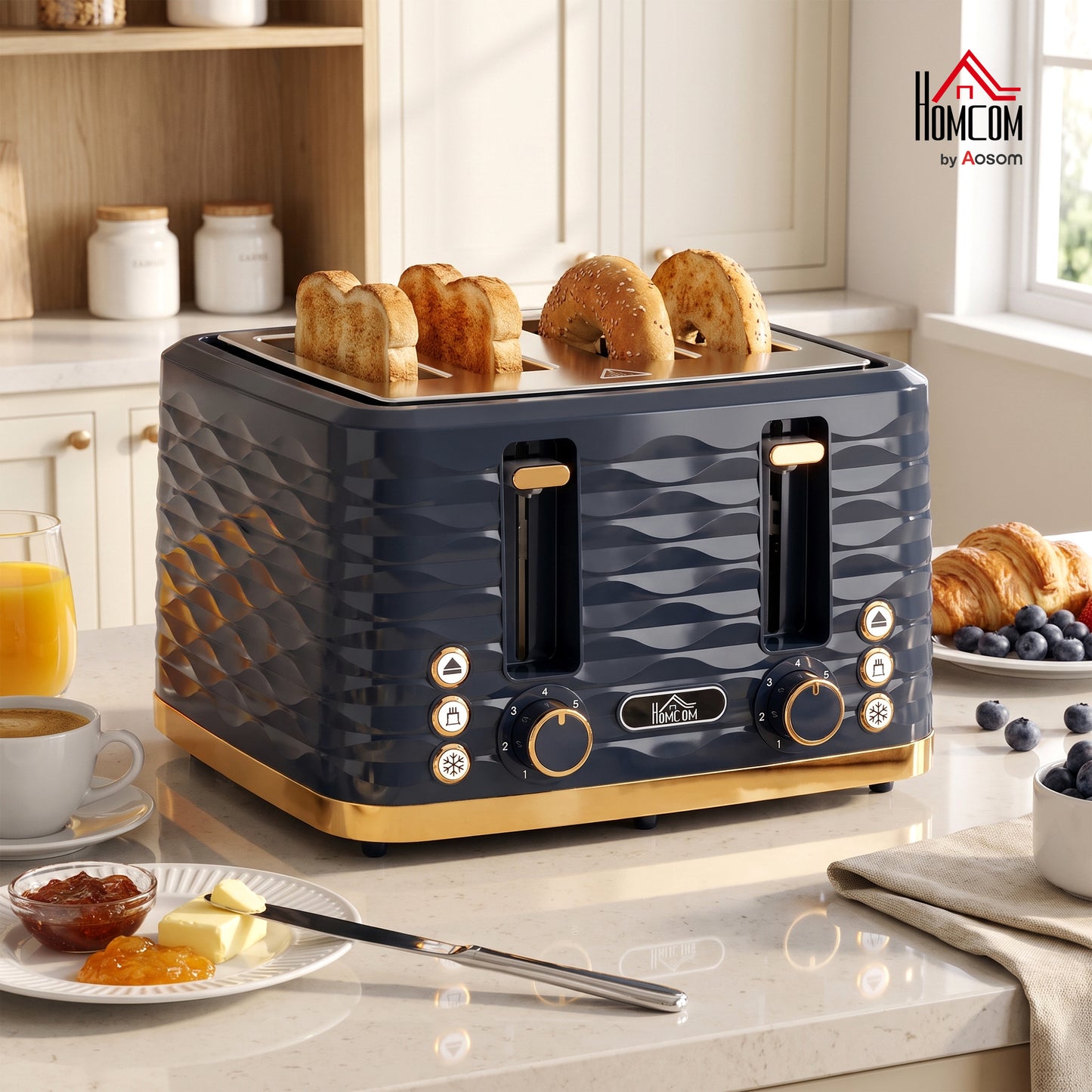 Toaster with 4 Slot, 7 Browning Levels, 1860W, Ripple, Dark Blue