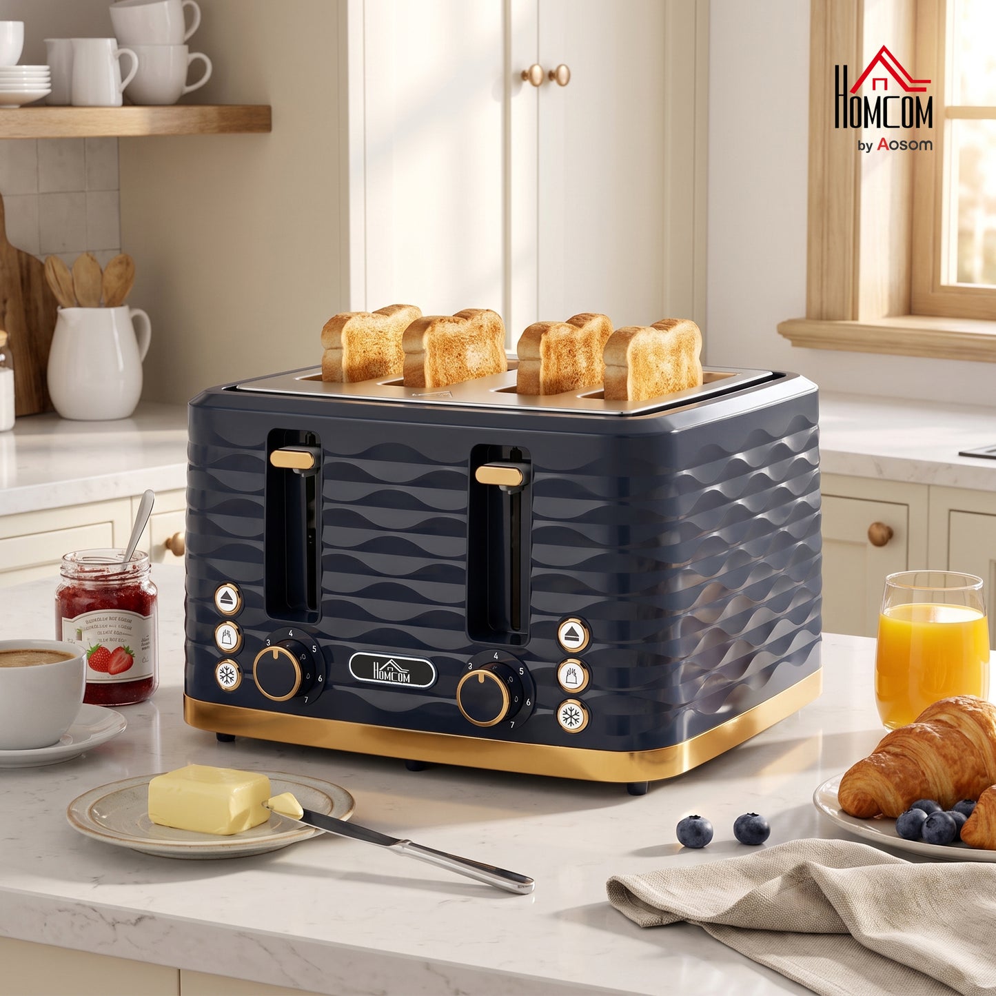Toaster with 4 Slot, 7 Browning Levels, 1860W, Ripple, Dark Blue