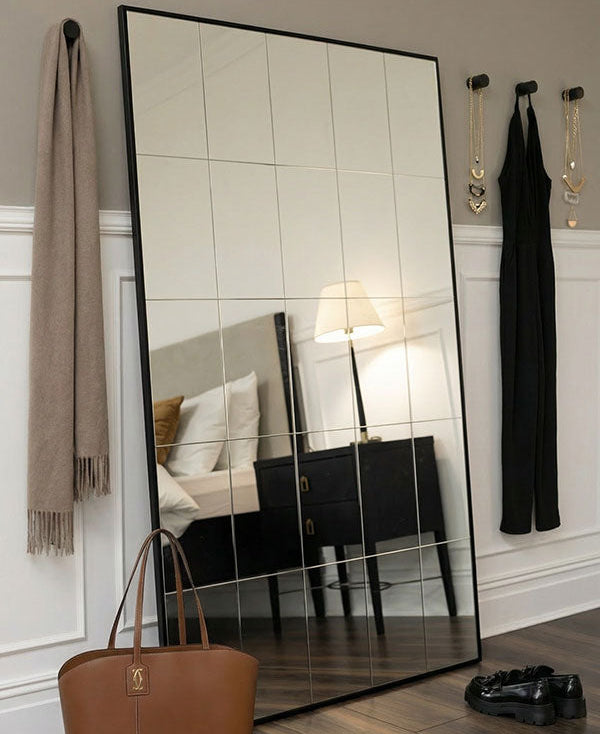 Ludlow Large Industrial Windowpane Leaner Mirror - Matt Black