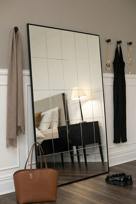 Ludlow Large Industrial Windowpane Leaner Mirror - Matt Black