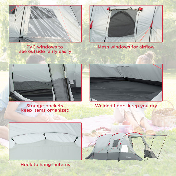 6-8 Person Tunnel Tent, Camping Tent with Bedroom, Living Room, Sewn-in Floor, 3 Doors and Carry Bag, 2000mm Water Column for Fishing, Grey