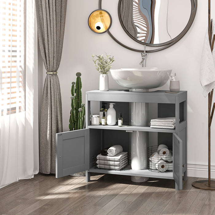 kleankin Pedestal Under Sink Cabinet with Double Doors, Modern Bathroom Vanity Storage Unit with Shelves, Grey