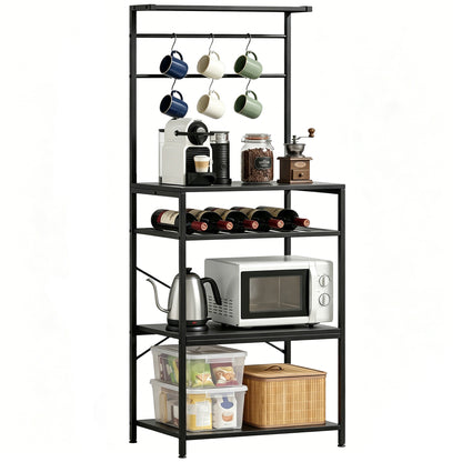 Freestanding Shelving Unit with 6 Hooks and Wine Rack, Black