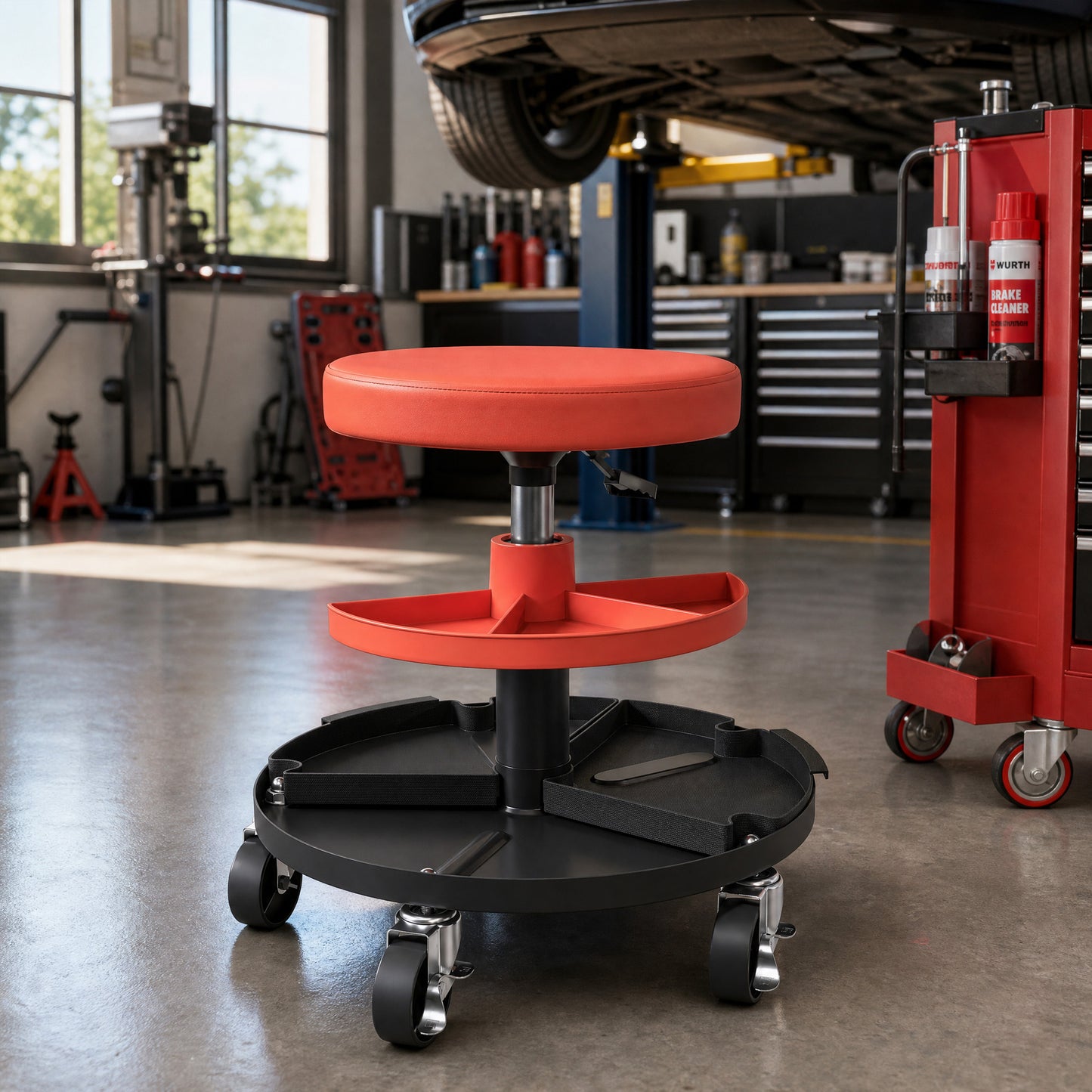 Rolling Mechanic Stool, 135kg Capacity Workshop Stool, 360° Swivel Roller Padded Creeper Seat with Wheels, Tool Trays Storage for Garage, Shop, Auto Repair, Yellow