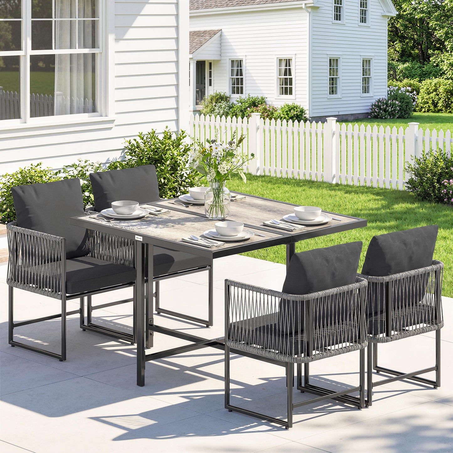 4-Seater Garden Dining Set with Space-Saving Chairs, Black