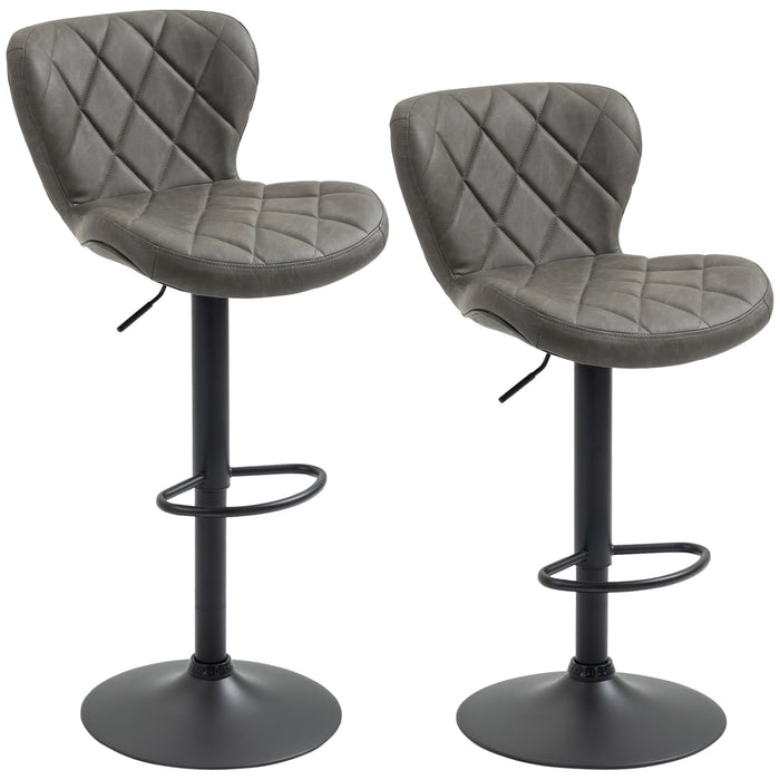 Adjustable Height Bar Stools Set of 2, Swivel Barstools with Backrest and Footrest, Steel Frame Diamond Pattern PU, Kitchen Dining, Grey