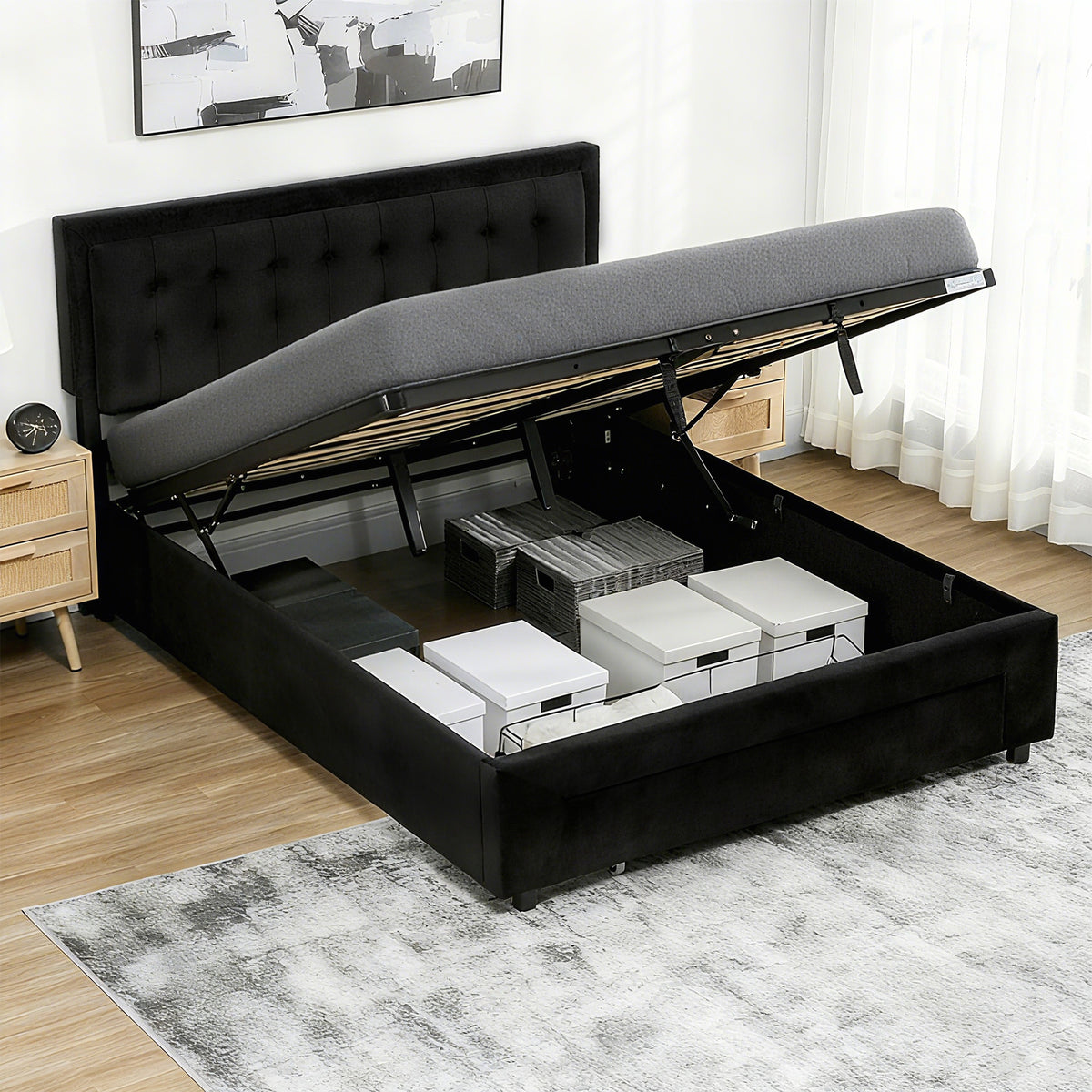 King Size Bed Frame with Storage and Adjustable Headboard, Black