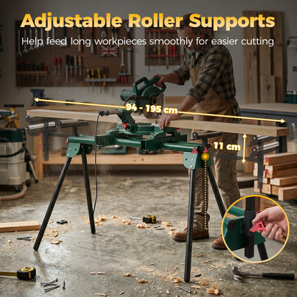 Universal Mitre Saw Stand with Adjustable Rollers and Support Arms, Portable Miter Saw Stand with Folding Legs, Heavy-Duty Height-Adjustable Pull-Out Work Piece Supports, Max Load 150kg, Green