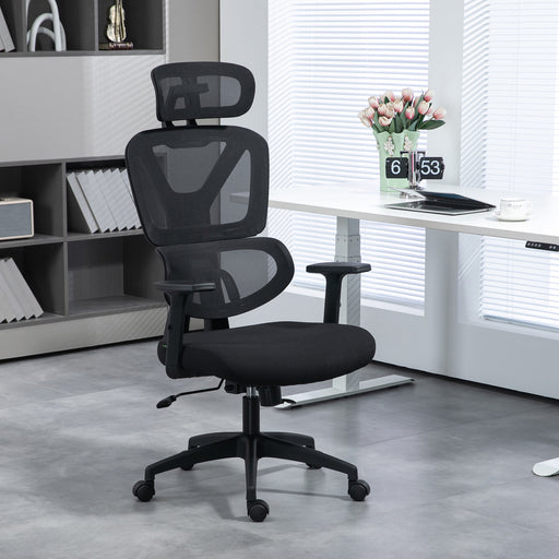 Mesh Office Chair, Height Adjustable Desk Chair with Lumbar Support, Swivel Wheels and Adjustable Headrest, Black