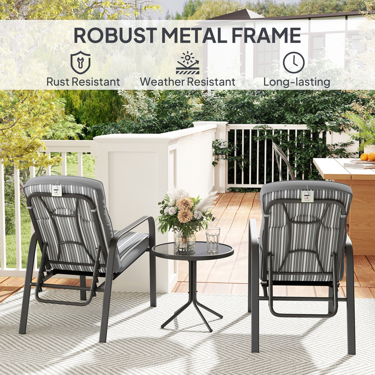3-Piece Recliner Garden Chairs and Tempered Glass Table Set, Grey