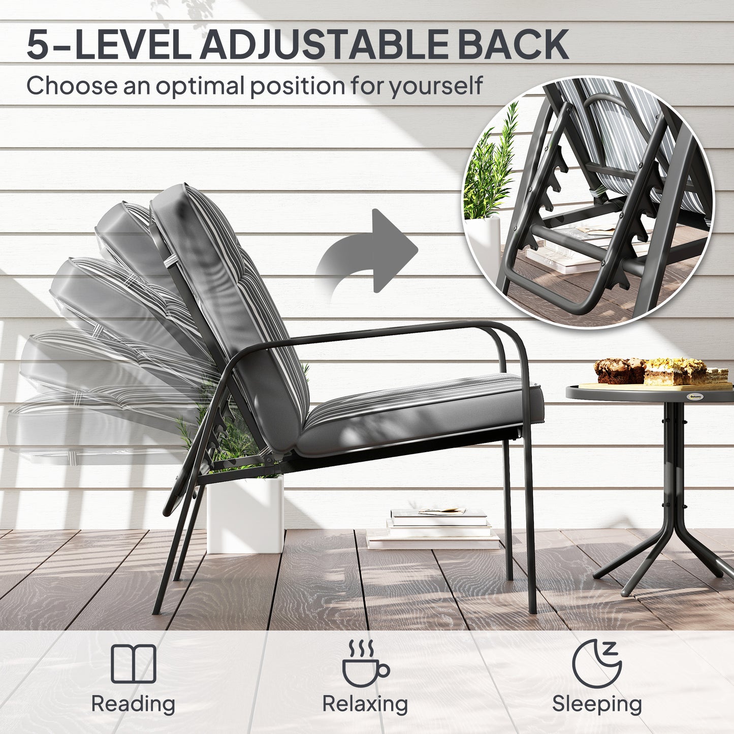 3-Piece Recliner Garden Chairs and Tempered Glass Table Set, Grey